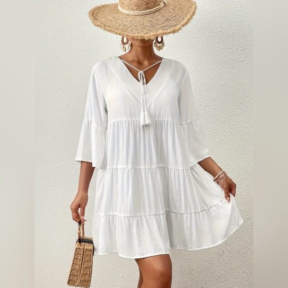 Solid Color Tied V Neck Dress, Casual Ruffle Hem 3/4 Sleeve Loose Beach Dress - Picture 2 of 8